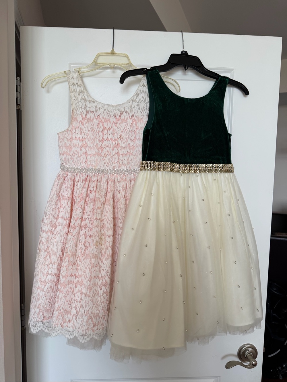 Girls Dark Green Velvet and Cream Tulle Holiday Dress duo